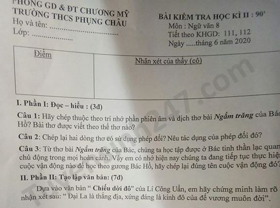 De thi hoc ki 2 nam 2020 mon Van lop 8 THCS Phung Chau