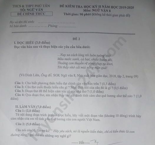 De thi hoc ki 2 mon Van lop 8 THCS - THPT Phu Tan nam 2020
