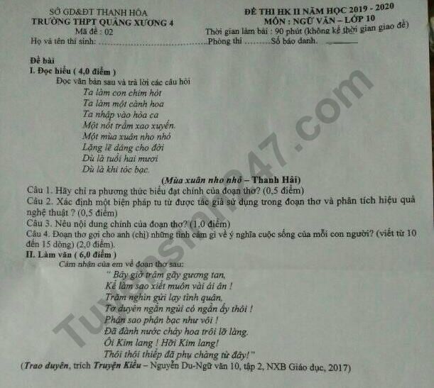 De thi ki 2 mon Van lop 10 - THPT Quang Xuong 4 nam 2020
