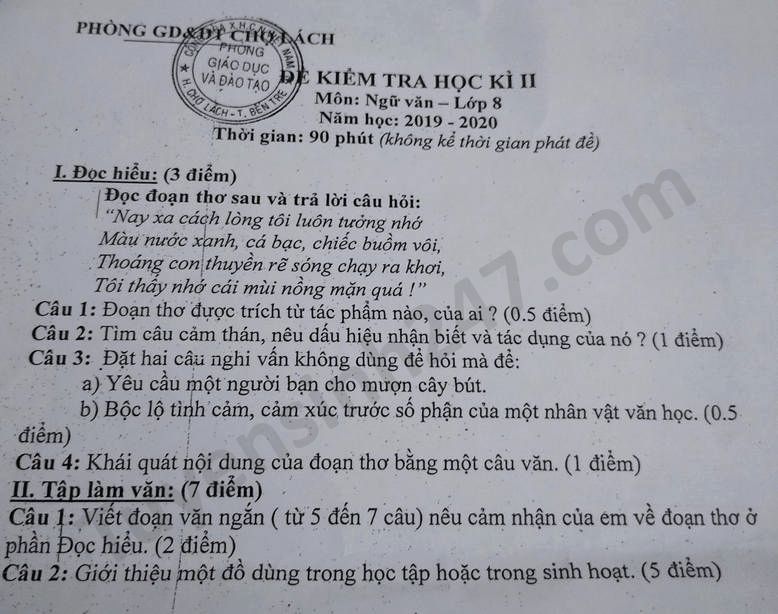 De thi hoc ki 2 nam 2020 mon Van lop 8 Phong GD Cho Lach