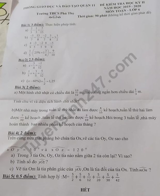 De thi ki 2 lop 6 mon Toan THCS Phu Tho 2020