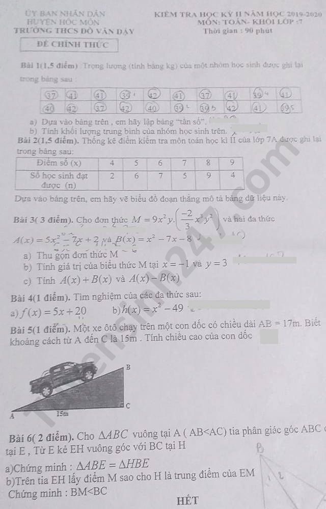 De thi hoc ki 2 lop 7 mon Toan THCS Do Van Day nam 2020