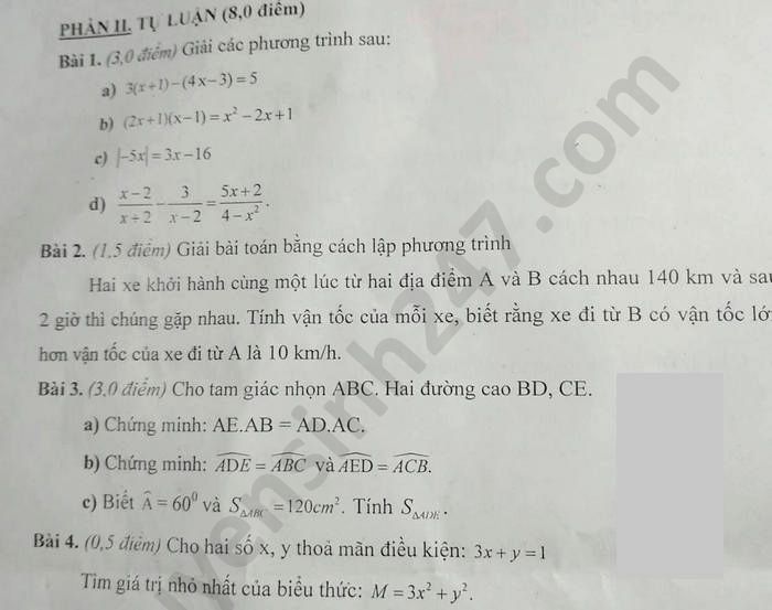 De thi hoc ki 2 mon Toan lop 8 THCS Tran Bich San nam 2020