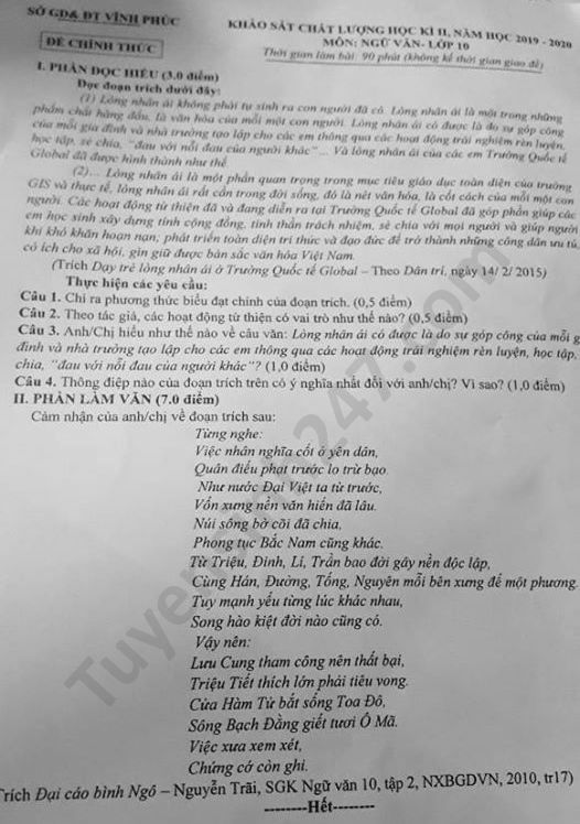 De thi hoc ki 2 mon Van lop 10 tinh Vinh Phuc nam 2020