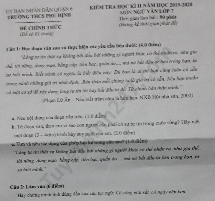 De thi hoc ki 2 mon Van lop 7 THCS Phu Dinh nam 2020