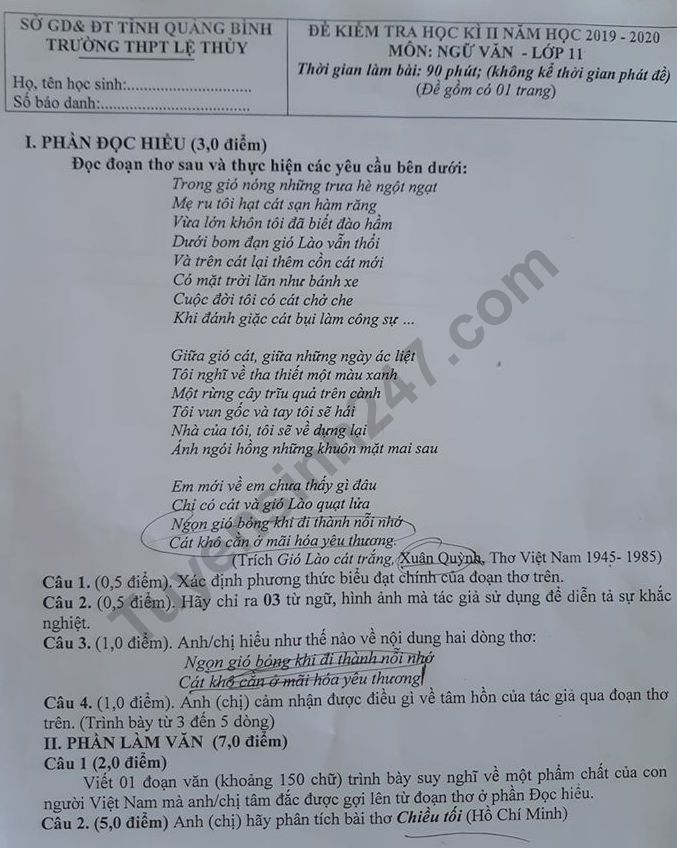 De thi ki 2 lop 11 mon Van THPT Le Thuy 2020