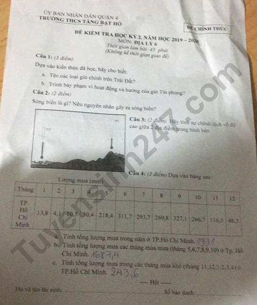 De thi ki 2 lop 6 mon Dia nam 2020 - THCS Tang Bat Ho