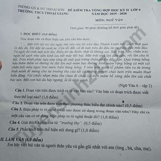 De thi ki 2 lop 6 mon Van 2020 - THCS Thoai Giang