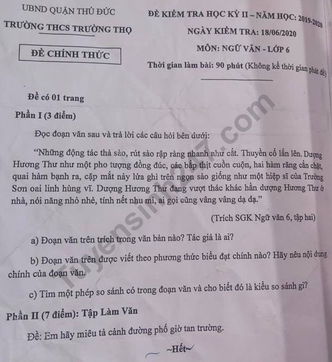 De thi ki 2 lop 6 mon Van THCS Truong Tho 2020