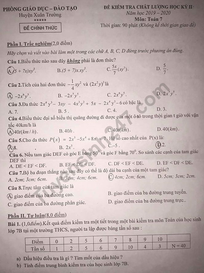 De thi ki 2 lop 7 mon Toan 2020 - Phong GD Xuan Truong