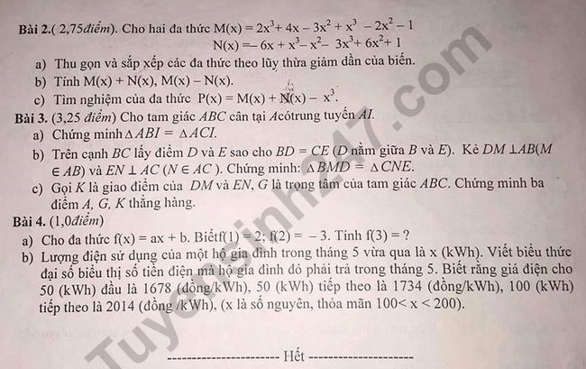 De thi ki 2 lop 7 mon Toan 2020 - Phong GD Xuan Truong