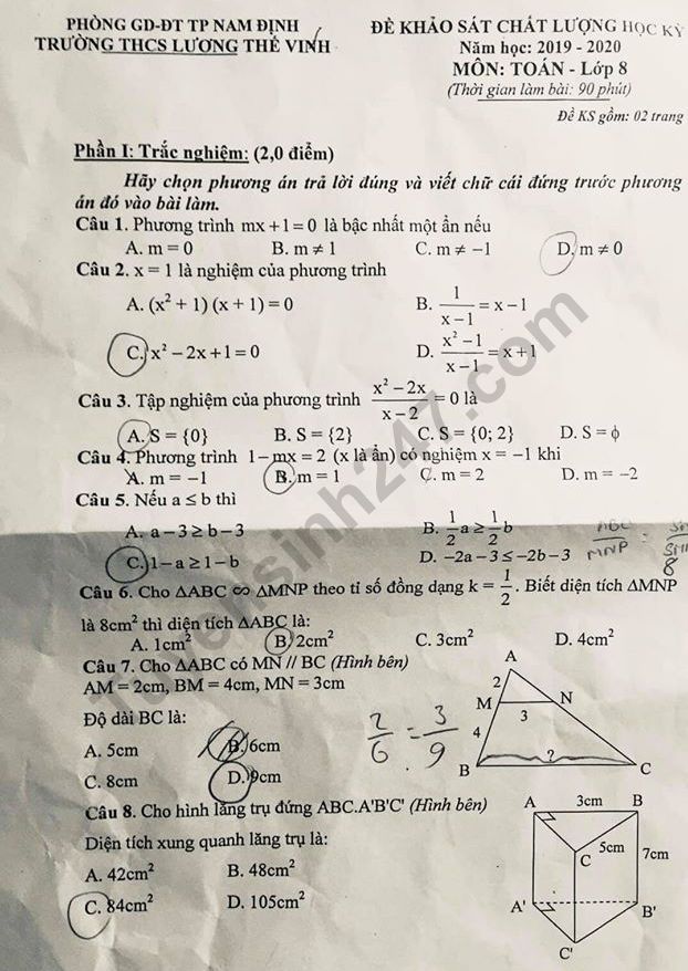 De thi ki 2 mon Toan lop 8 - THCS Luong The Vinh 2020