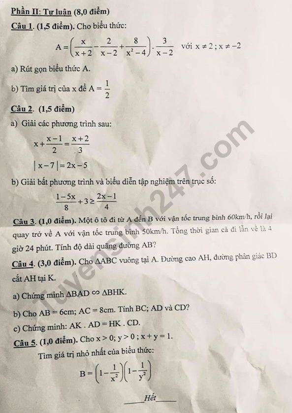 De thi ki 2 mon Toan lop 8 - THCS Luong The Vinh 2020