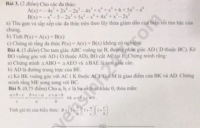 De thi hoc ki 2 mon Toan lop 7 THCS Han Thuyen nam 2020