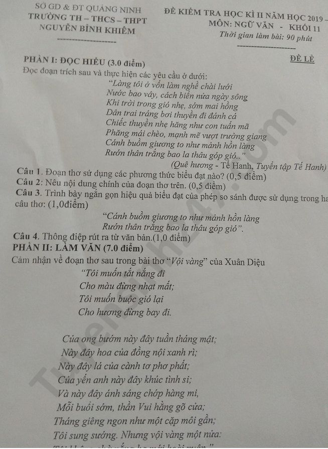 De thi Van lop 11 hoc ki 2 nam 2020 truong TH-THCS-THPT Nguyen Binh Khiem