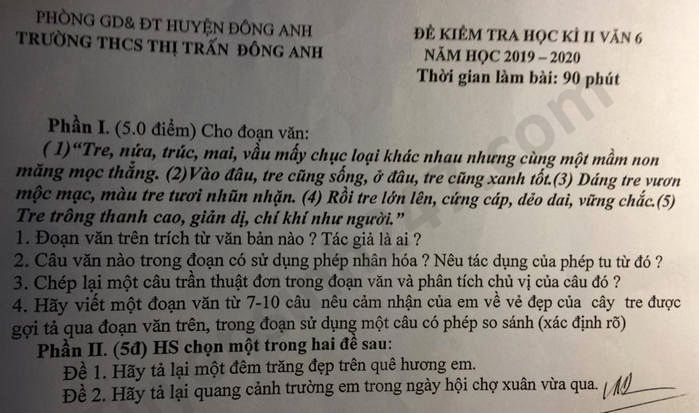 De thi hoc ki 2 mon Van lop 6 THCS TT Dong Anh nam 2020