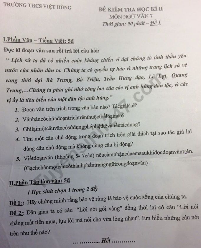 De thi ki 2 mon Van lop 7 - THCS Viet Hung 2020