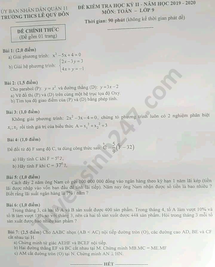 De thi hoc ki 2 mon Toan lop 9 THCS Le Quy Don nam 2020