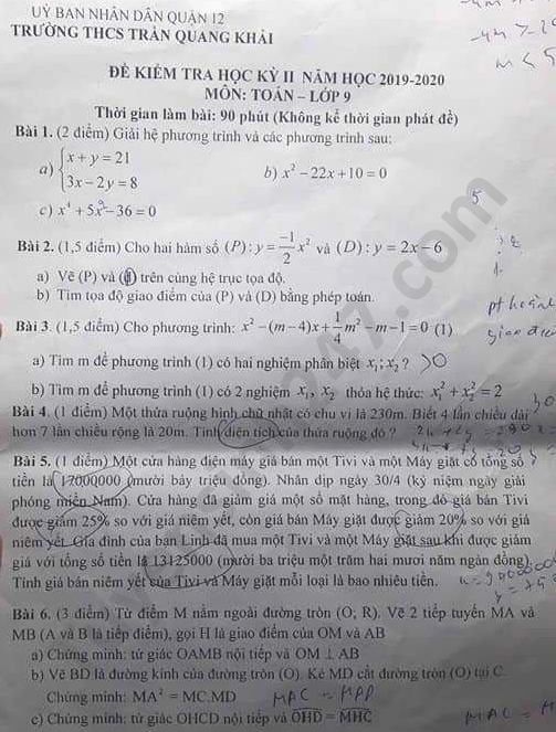De thi hoc ki 2 nam 2020 THCS Tran Quang Khai Toan lop 9