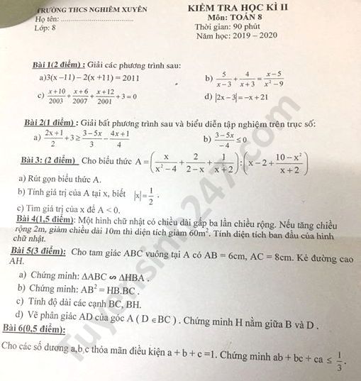 De thi hoc ki 2 mon Toan lop 8 THCS Nghiem Xuyen nam 2020