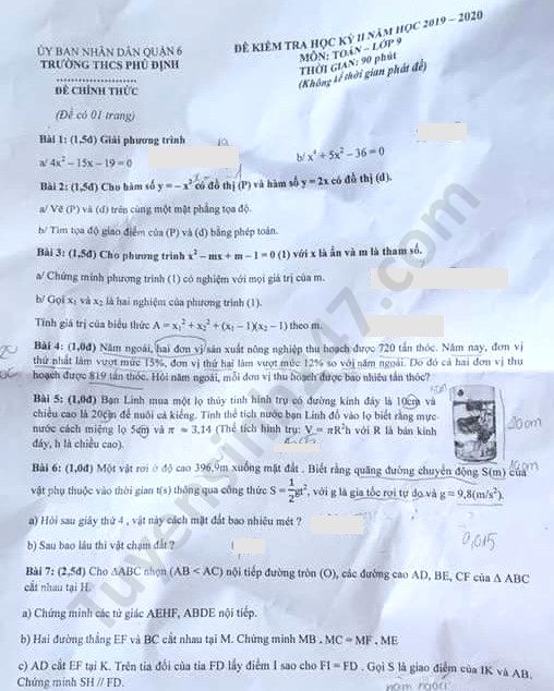 De thi hoc ki 2 mon Toan lop 9 THCS Phu Dinh nam 2020