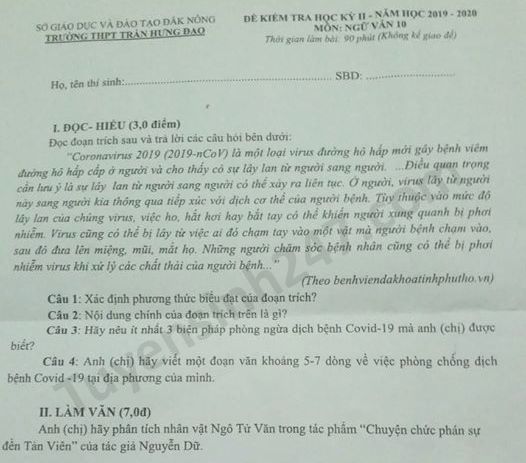 De thi hoc ki 2 mon Van lop 10 THPT Tran Hung Dao nam 2020