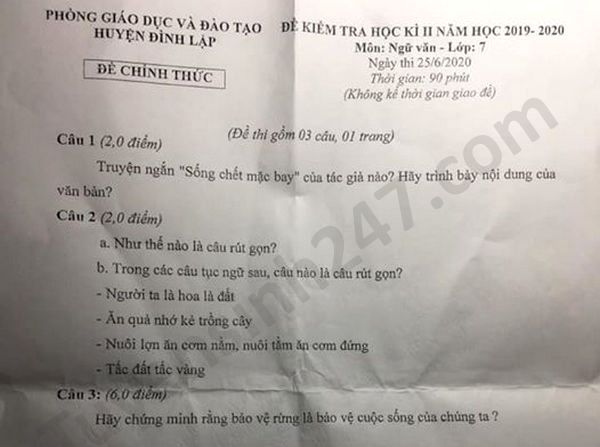 De thi hoc ki 2 mon Van lop 7 Huyen Dinh Lap nam 2020