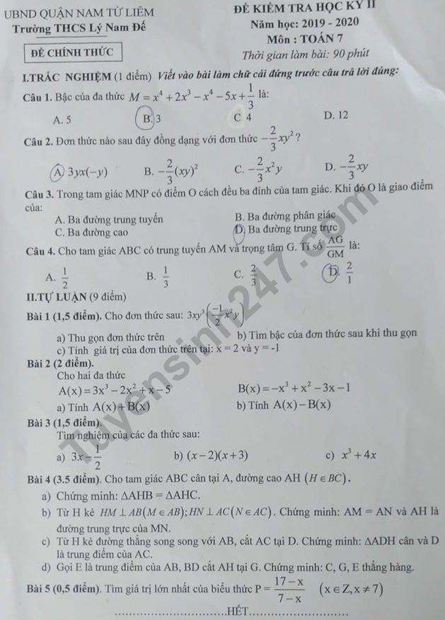 De thi hoc ki 2 mon Toan lop 7 - THCS Ly Nam De 2020