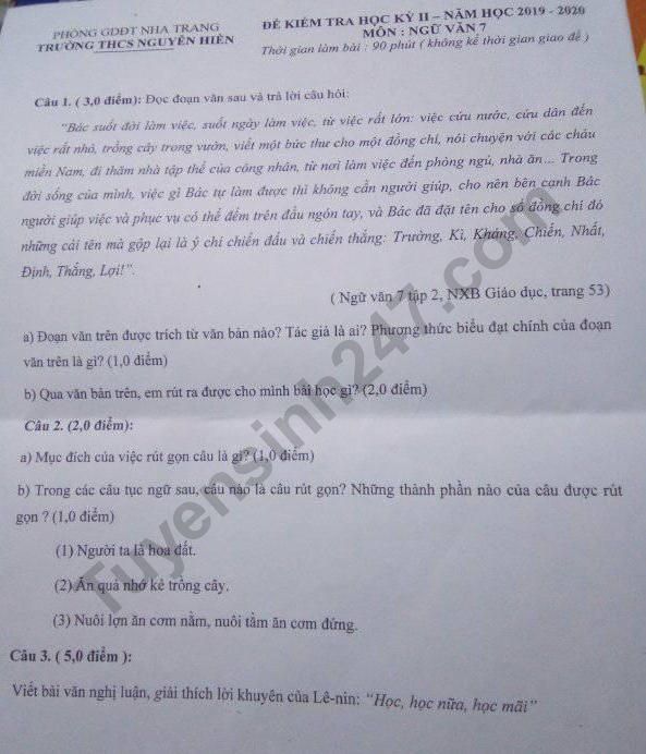 De kiem tra ki 2 lop 7 mon Van 2020 - THCS Nguyen Hien