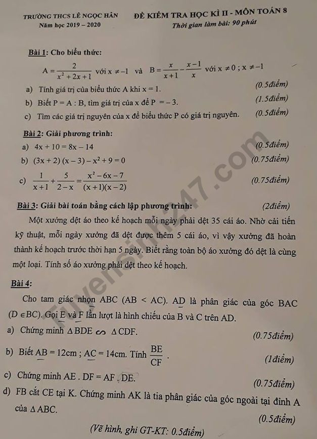 De thi ki 2 lop 8 nam 2020 mon Toan - THCS Le Ngoc Han