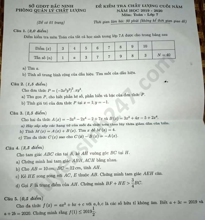 De thi hoc ki 2 Toan lop 7 So GD Bac Ninh nam 2020