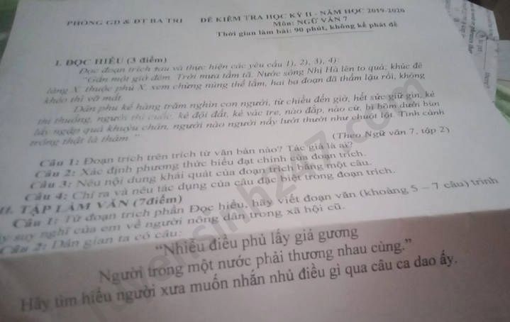 De thi hoc ki 2 mon Van lop 7 huyen Ba Tri nam 2020