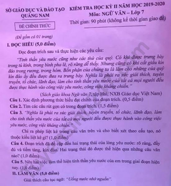 De thi hoc ki 2 mon Van lop 7 So GD Quang Nam nam 2020