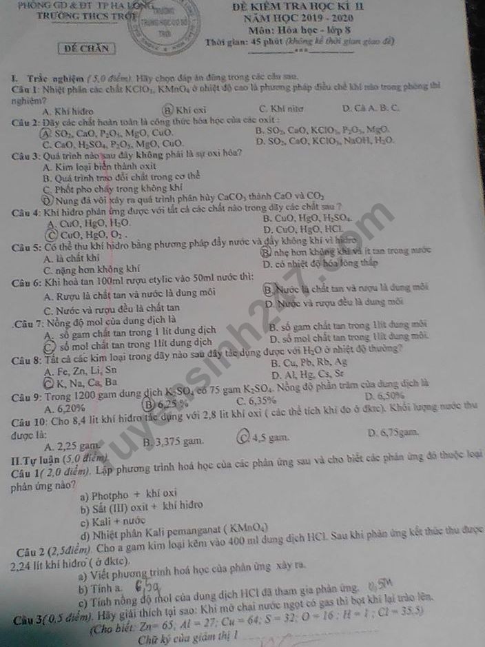 De thi ki 2 lop 8 mon Hoa 2020 - THCS Troi