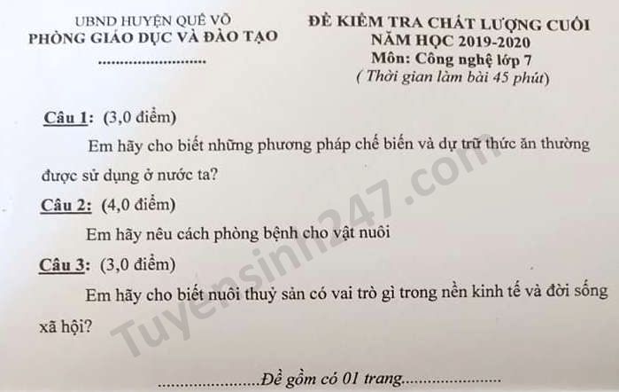 De thi hoc ki 2 Huyen Que Vo mon Cong Nghe lop 7 nam 2020