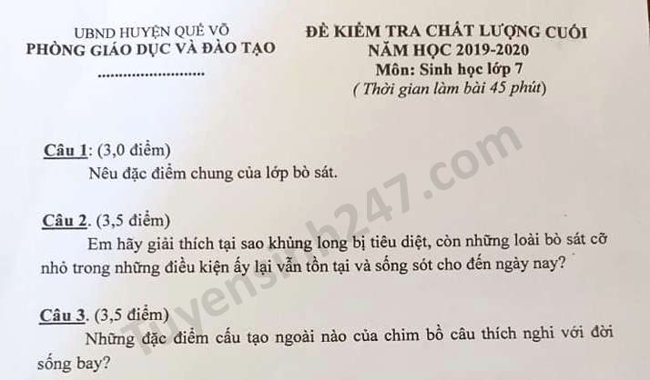 De thi hoc ki 2 mon Sinh lop 7 huyen Que Vo nam 2020