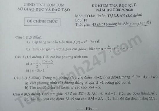 De thi hoc ki 2 mon Toan lop 10 tinh Kon Tum nam 2020