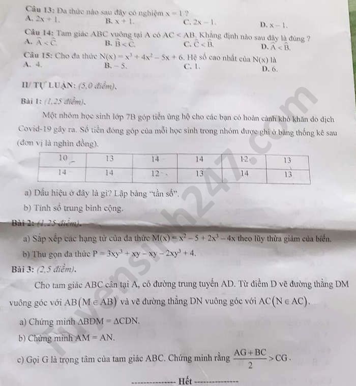 De thi hoc ki 2 So Quang Nam mon Toan lop 7 nam 2020