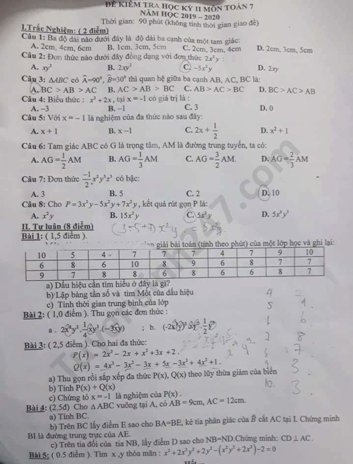 De thi hoc ki 2 mon Toan lop 7 THCS Yen Son nam 2020