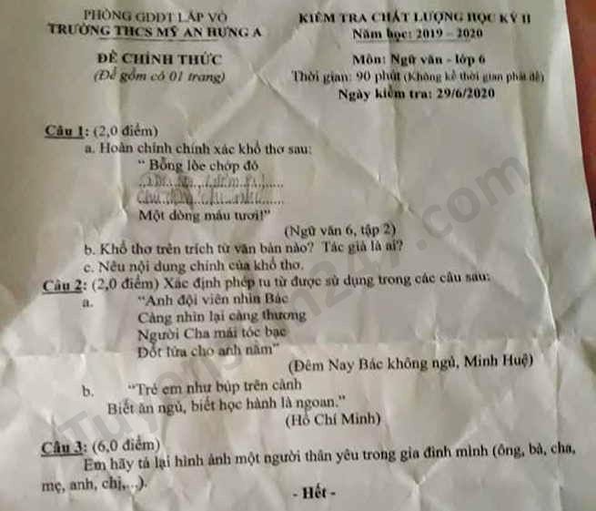 De thi hoc ki 2 mon Van lop 6 THCS My An Hung A nam 2020