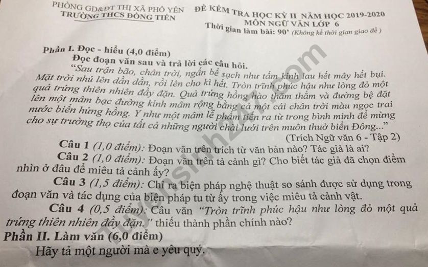 De thi ki 2 mon Van lop 6 - THCS Dong Tien 2020