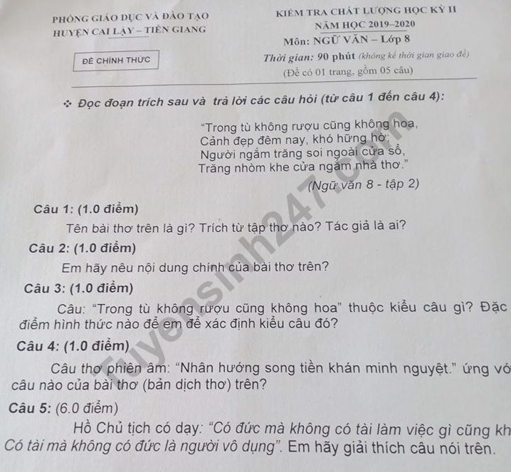 De thi ki 2 mon Van lop 8 - Phong GD Cai Lay 2020