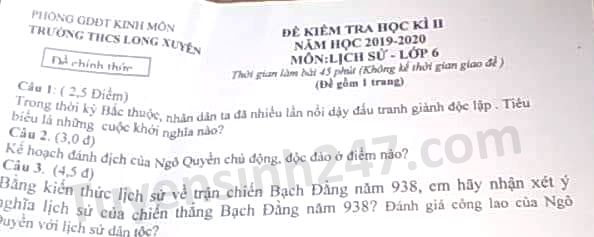 De thi hoc ki 2 mon Su lop 6 nam 2020 THCS Long Xuyen