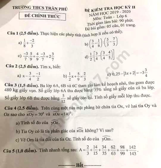 De thi hoc ki 2 mon Toan lop 6 THCS Tran Phu nam 2020