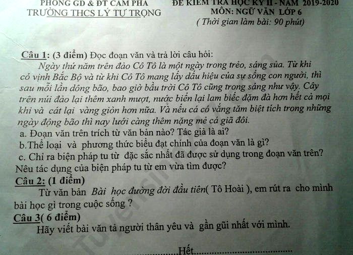 De thi hoc ki 2 THCS Ly Tu Trong mon Van lop 6 nam 2020