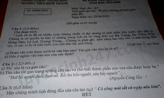 De thi hoc ki 2 mon Van lop 7 THCS Binh Thanh nam 2020