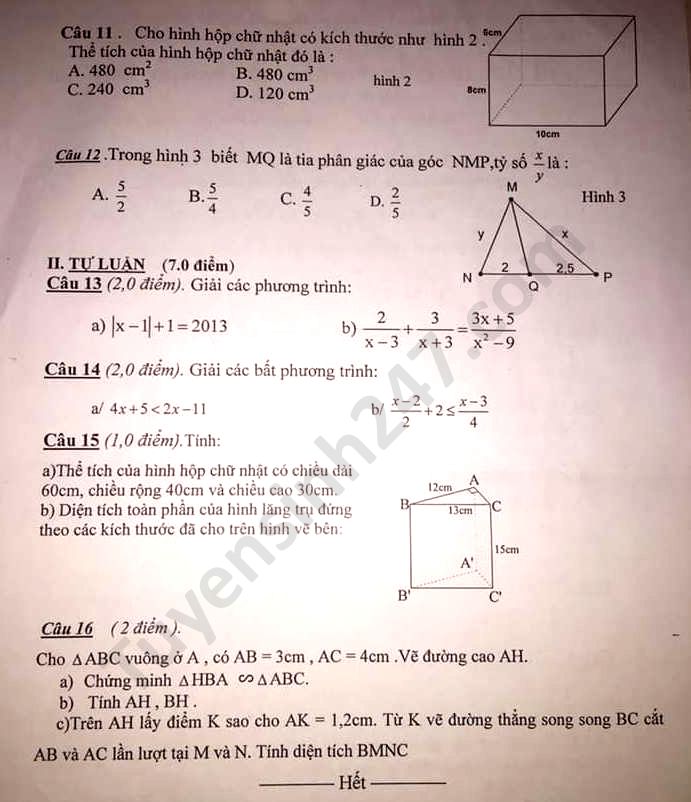 De thi hoc ki 2 nam 2020 mon Toan lop 8 TH-THCS Binh Minh