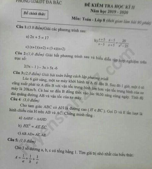 De thi hoc ki 2 nam 2020 mon Toan lop 8 Phong GD Da Bac