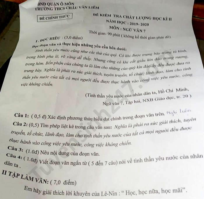 De thi hoc ki 2 nam 2020 THCS Chau Van Liem Van lop 7