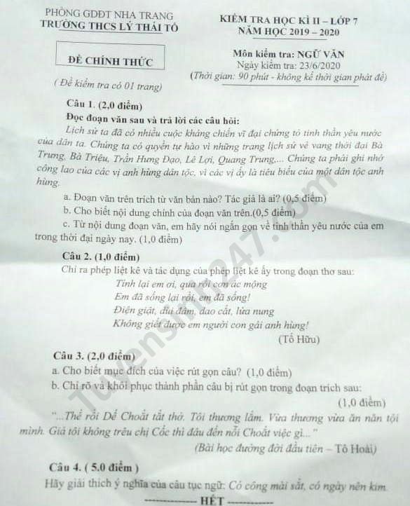 De thi hoc ki 2 THCS Ly Thai To mon Van lop 7 nam 2020